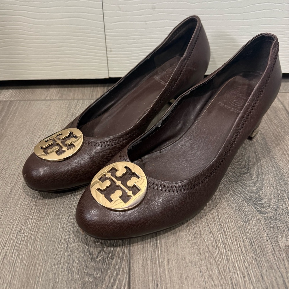 Tory Burch Chocolate Leather Flats with Gold Emblem